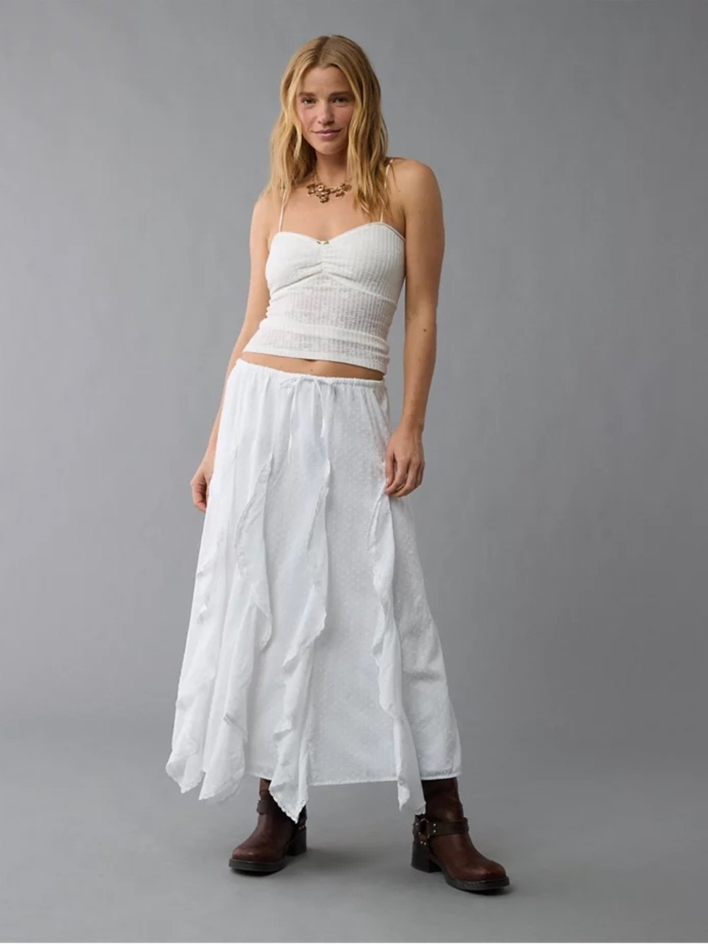 American Eagle Outfitters White High Waisted Cascade Ruffle Maxi Skirt - NWT